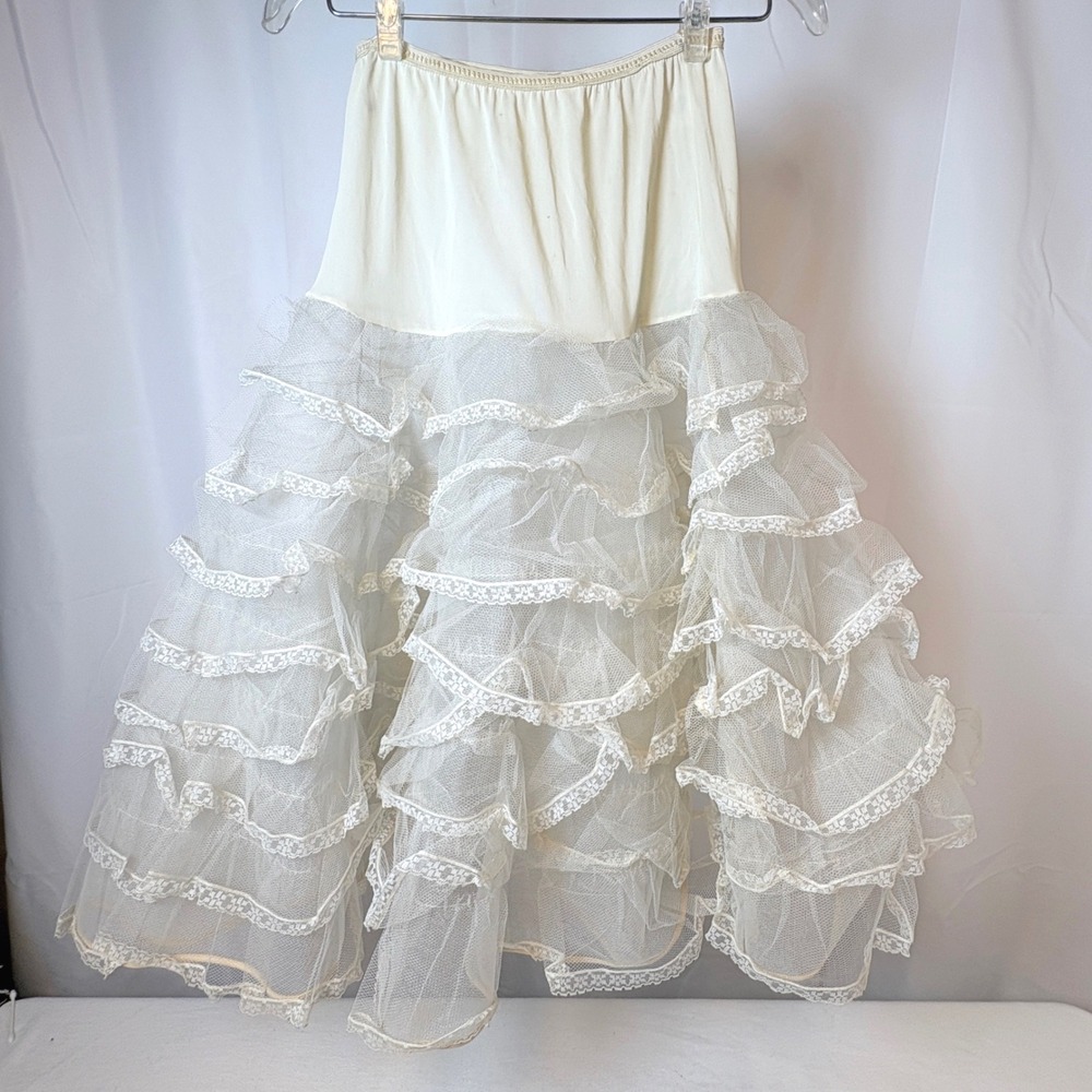 Vtg Penny Dale Petticoat Crinoline Lace Trim Tiered Tulle Skirt Ivory Sm Dance